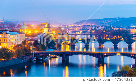 Prague bridges over Vltava River in the evening, Praha, Czech Republic Prague bridges over Vltava River in the evening, Praha, Czech Republic 47564381