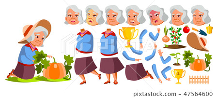 Asian Old Woman Vector. Senior Person Portrait. Elderly People. Aged. Animation Set. Vegetable Asian Old Woman Vector. Senior Person Portrait. Elderly People. Aged. Animation Set. Vegetable 47564600