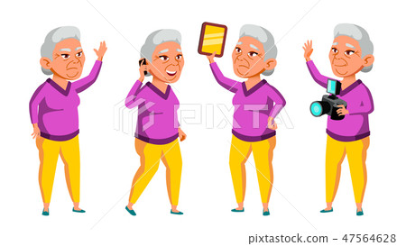 Asian Old Woman Poses Set Vector. Elderly People. Senior Person. Aged. Funny Pensioner. Leisure 47564628