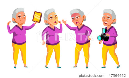 Asian Old Woman Poses Set Vector. Elderly People. Senior Person. Aged. Beautiful Retiree. Life. Card 47564632