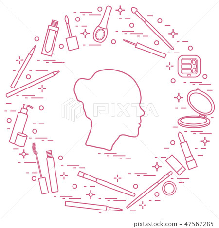 Silhouette of female head and various accessories Silhouette of female head and various accessories 47567285