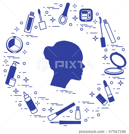 Silhouette of female head and various accessories 47567286