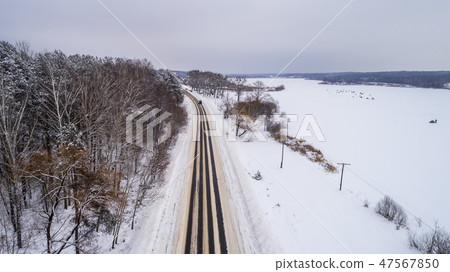 Aerial View of the Snow Road in Winter 47567850