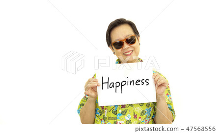 Happy Asian senior woman holding happiness sign Happy Asian senior woman holding happiness sign 47568556