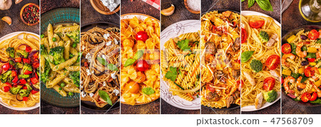 Collage of various pasta dishes. 47568709