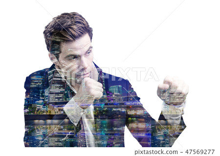 Double exposure effect of office man in fighting pose and panoramic modern city skyline. Business 47569277
