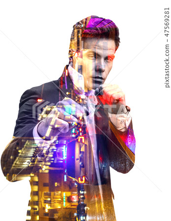 Double exposure effect of office man in fighting pose and panoramic modern city skyline. Business 47569281