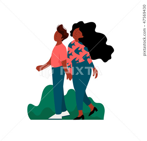 African American Romantic Couple Holding Hands while Walking, Happy Lovers on Date Vector African American Romantic Couple Holding Hands while Walking, Happy Lovers on Date Vector 47569430