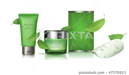 Green glass jar and facial sheet mask 47570923