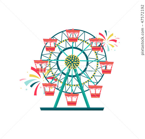 Ferris wheel with red cabins. Amusement park equipment. Entertainment theme. Flat vector design 47572192