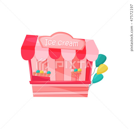 Pink ice-cream stall decorated with colorful balloons. Tasty dessert. Carnival food. Amusement park Pink ice-cream stall decorated with colorful balloons. Tasty dessert. Carnival food. Amusement park 47572197