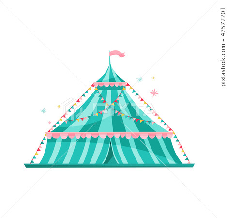 Large blue striped circus tent decorated with bunting flags. Amusement park theme. Flat vector Large blue striped circus tent decorated with bunting flags. Amusement park theme. Flat vector 47572201
