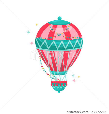 Flying hot air balloon decorated with colorful bunting flags. Amusement park. Entertainment theme 47572203