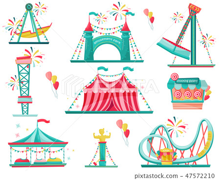 Flat vector set of amusement park icons. Funfair attractions, entrance gate, circus tent and 47572210