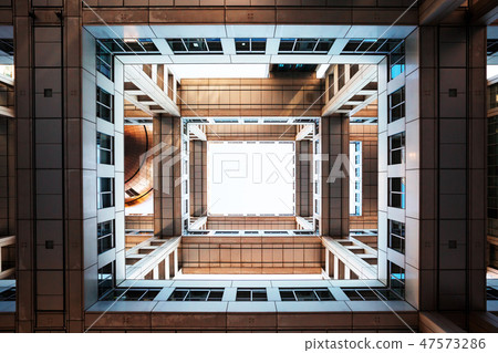 Bottom view on Headquarters of Fuji TV at Odaiba island, Tokyo, Japan 47573286