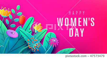 International Womens Day banner with fantasy paper cut flowers, leaves, font greeting text. Corner 47573479