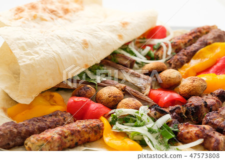 fried food background meat kebab vegetables set fried food background meat kebab vegetables set 47573808