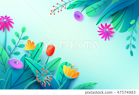 Summer background with paper cut fantasy flowers, leaves, isolated on light. Minimal 3d style floral Summer background with paper cut fantasy flowers, leaves, isolated on light. Minimal 3d style floral 47574983