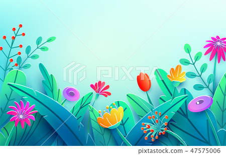 Summer border with paper cut fantasy flowers, leaves, stem. Minimal 3d style floral spring 47575006