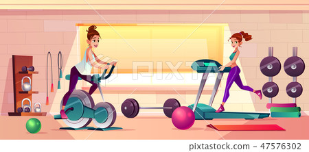 Vector gym background with treadmill, bike training Vector gym background with treadmill, bike training 47576302