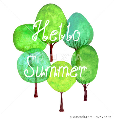 Hello Summer lettering green trees set background. 47578386