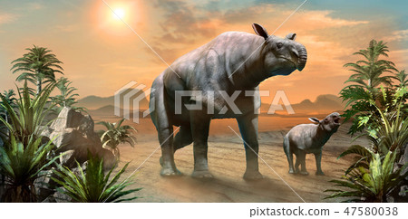 Paraceratherium with calf scene 3D illustration 47580038