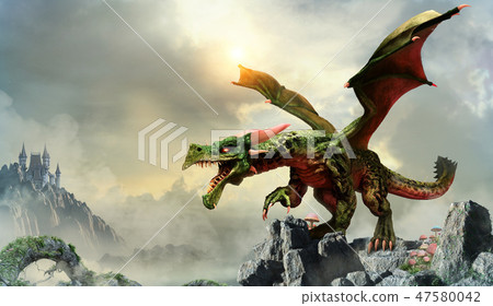 Green dragon scene 3D illustration 47580042