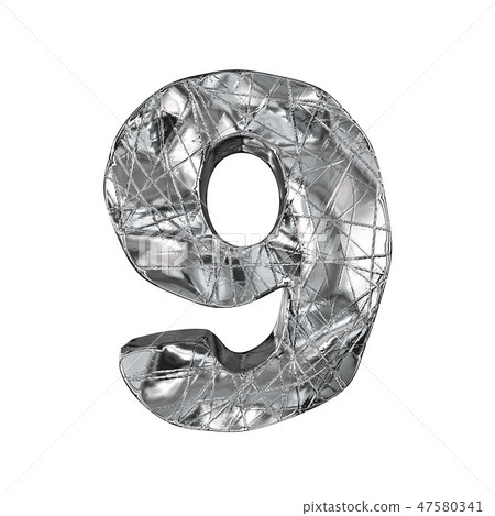 Grunge aluminium foil font number 9 NINE 3D 47580341