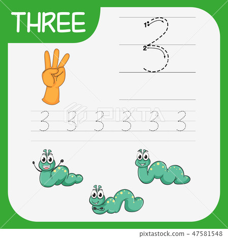 number three tracing worksheets stock illustration 47581548 pixta