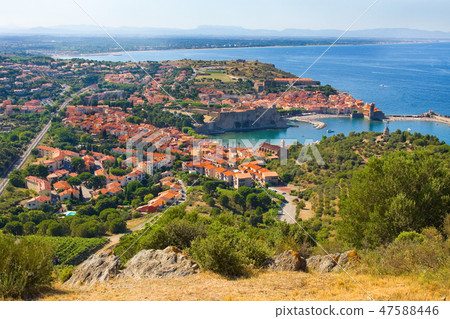 Collioure, houses and medieval fortress walls 47588446