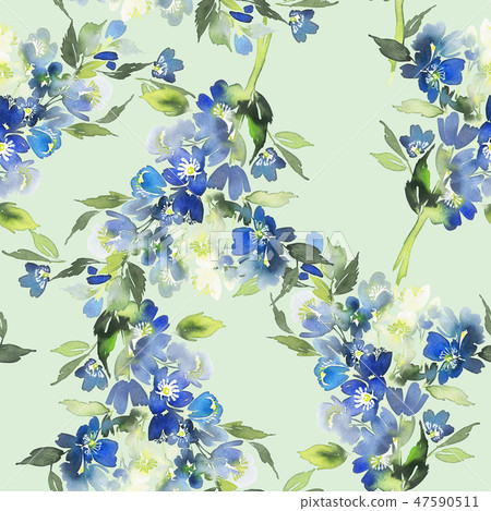 Seamless watercolor pattern with blue flowers - Stock Illustration ...