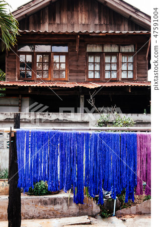 Sericulture Thai silk thread haging dry on rack Sericulture Thai silk thread haging dry on rack 47591004