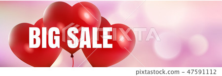 Happy Valentine's Day big sale card with red realistic banner and balloons in form of heart isolated 47591112