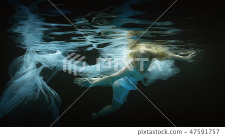 Portrait of a woman in white underwater Portrait of a woman in white underwater 47591757