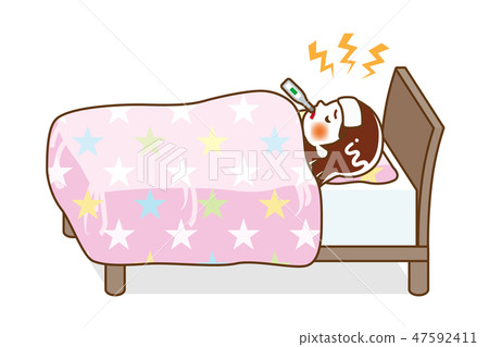 一個小女孩發燒並睡在床上 - 有一個整體輪廓線 47592411