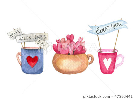Set of Hand drawn cup and mug with a hearts, garland on stick isolated on white background. Cute 47593441