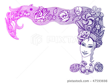 Woman's face with flowers in long hair, gradient 47593698