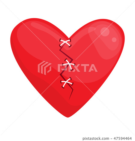 Broken red heart sewn with thread Broken red heart sewn with thread 47594464