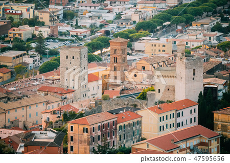 Terracina, Italy. Cityscape With Tower Of Cathedral Of San Cesareo  47595656