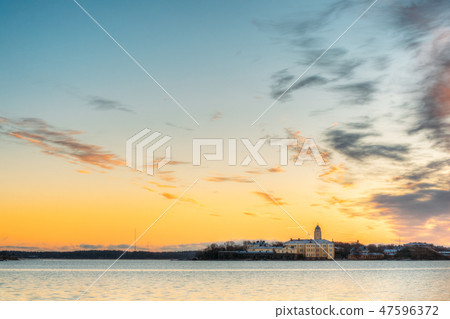 Helsinki, Finland. Panorama Panoramic View Of Suomenlinna Church In Fortress Of Suomenlinna Or Helsinki, Finland. Panorama Panoramic View Of Suomenlinna Church In Fortress Of Suomenlinna Or 47596372
