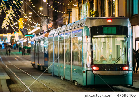 Helsinki, Finland. Tram Departs From Stop On Aleksanterinkatu Street. Night Evening Christmas Xmas 47596400