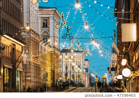 Helsinki, Finland. Night Evening Christmas Xmas New Year Festive Illumination On Aleksanterinkatu 47596403