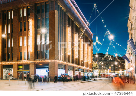 Helsinki, Finland. Building Of Department Store On Aleksanterinkatu Street In Evening Or Night Helsinki, Finland. Building Of Department Store On Aleksanterinkatu Street In Evening Or Night 47596444