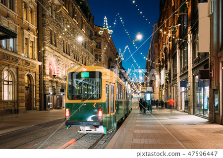 Helsinki, Finland. Tram Departs From Stop On Aleksanterinkatu Street. Night Evening Christmas Xmas 47596447