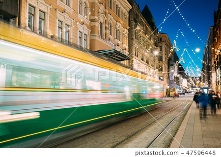 Helsinki, Finland. Tram Departs In Motion Blur From Stop On Aleksanterinkatu Street In Kluuvi 47596448