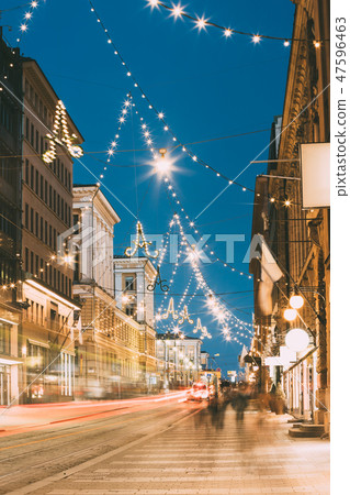 Helsinki, Finland. Night Evening Christmas Xmas New Year Festive Illumination On Aleksanterinkatu 47596463