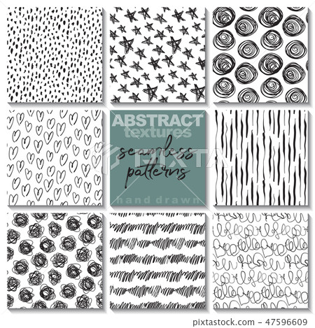 Set of eight hand drawn ink seamless patterns. - Stock Illustration ...