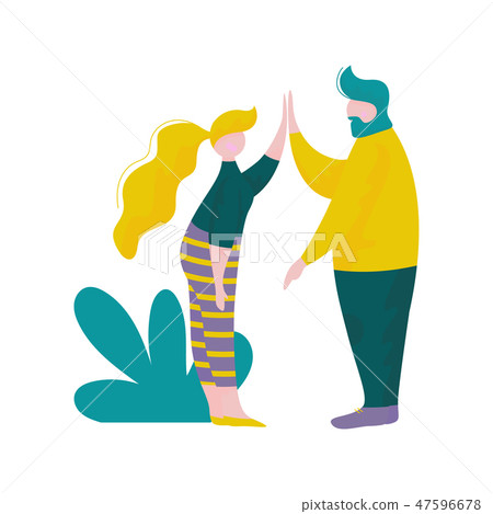 Young Man and Woman Giving High Five to Each Other, Male and Female Characters Having Fun Outdoors Young Man and Woman Giving High Five to Each Other, Male and Female Characters Having Fun Outdoors 47596678