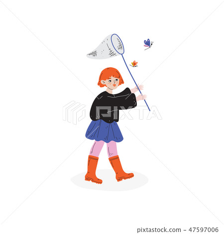 Girl Catching Butterflies with Net, Kids Spring or Summer Outdoor Activity Vector Illustration Girl Catching Butterflies with Net, Kids Spring or Summer Outdoor Activity Vector Illustration 47597006