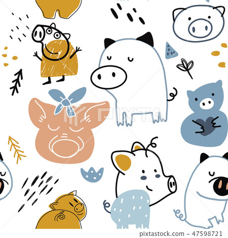 Childish seamless pattern with funny PIG. Childish seamless pattern with funny PIG. 47598721